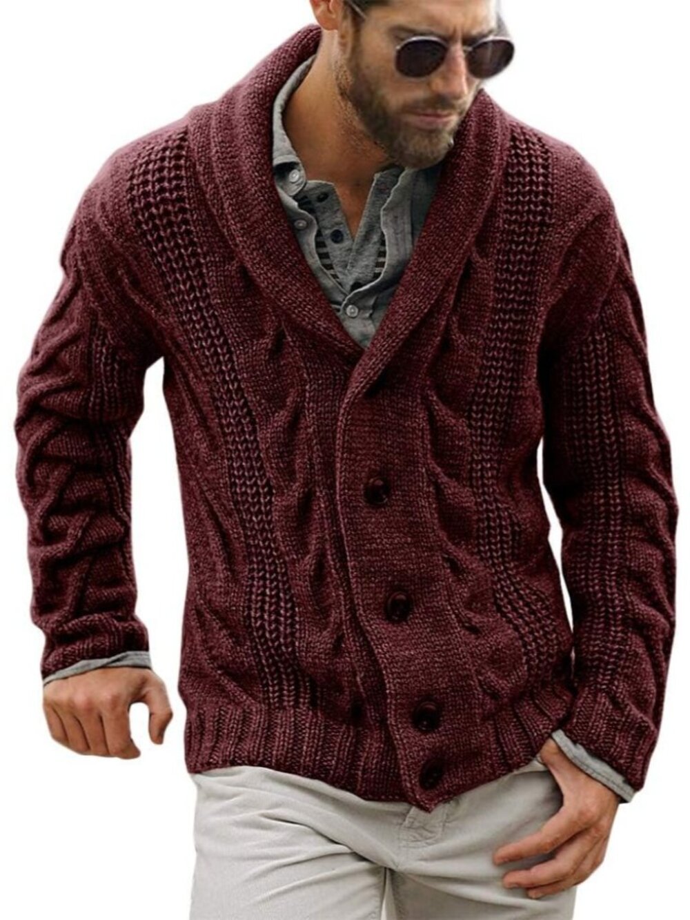 🆕Men's Burgundy Chunky Cable Knit Cardigan Sweater Shawl Collar Button Down